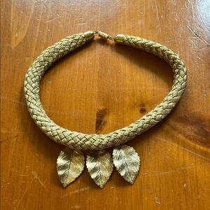 Vintage Neiman Marcus golden thread braid gold leaves elegant choker necklace